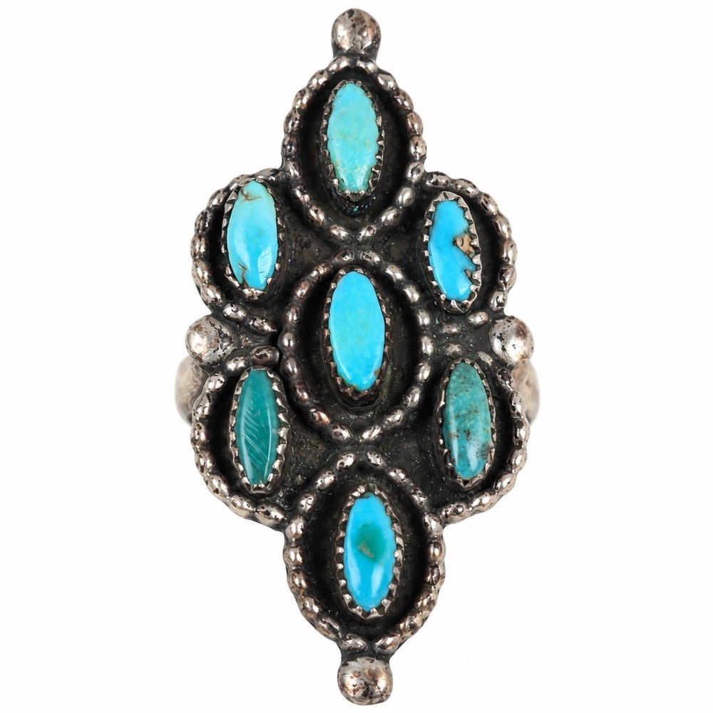 Vintage Zuni Petit Point Turquoise Sterling Silver Cluster Ring Size 6